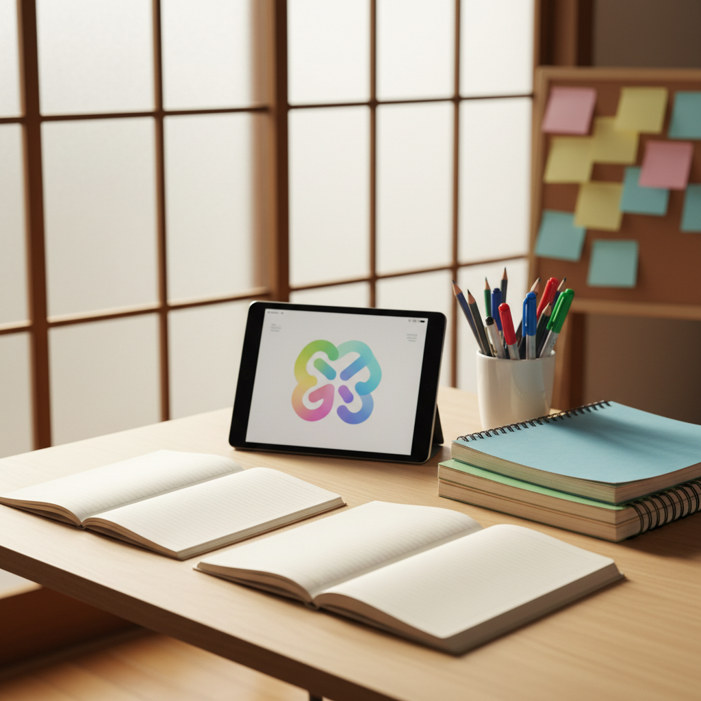 A tidy study table set up for an English club session, captured in photographic realism. On a smooth light-wood desk rest open notebooks with blank ruled pages, a tablet displaying a colorful, abstract learning interface, and a small stack of well-used English workbooks with worn, textured covers. Beside them, a ceramic cup holds sharpened pencils and pens in varied colors. In the background, slightly out of focus, are sliding windows with frosted glass typical of Japanese homes in Munakata, and a soft pinboard with pastel-colored sticky notes that avoid any readable text. Warm afternoon light from the window creates gentle shadows and a calm, focused atmosphere. Shot from a slightly elevated angle with a shallow depth of field to draw attention to the tools of learning.