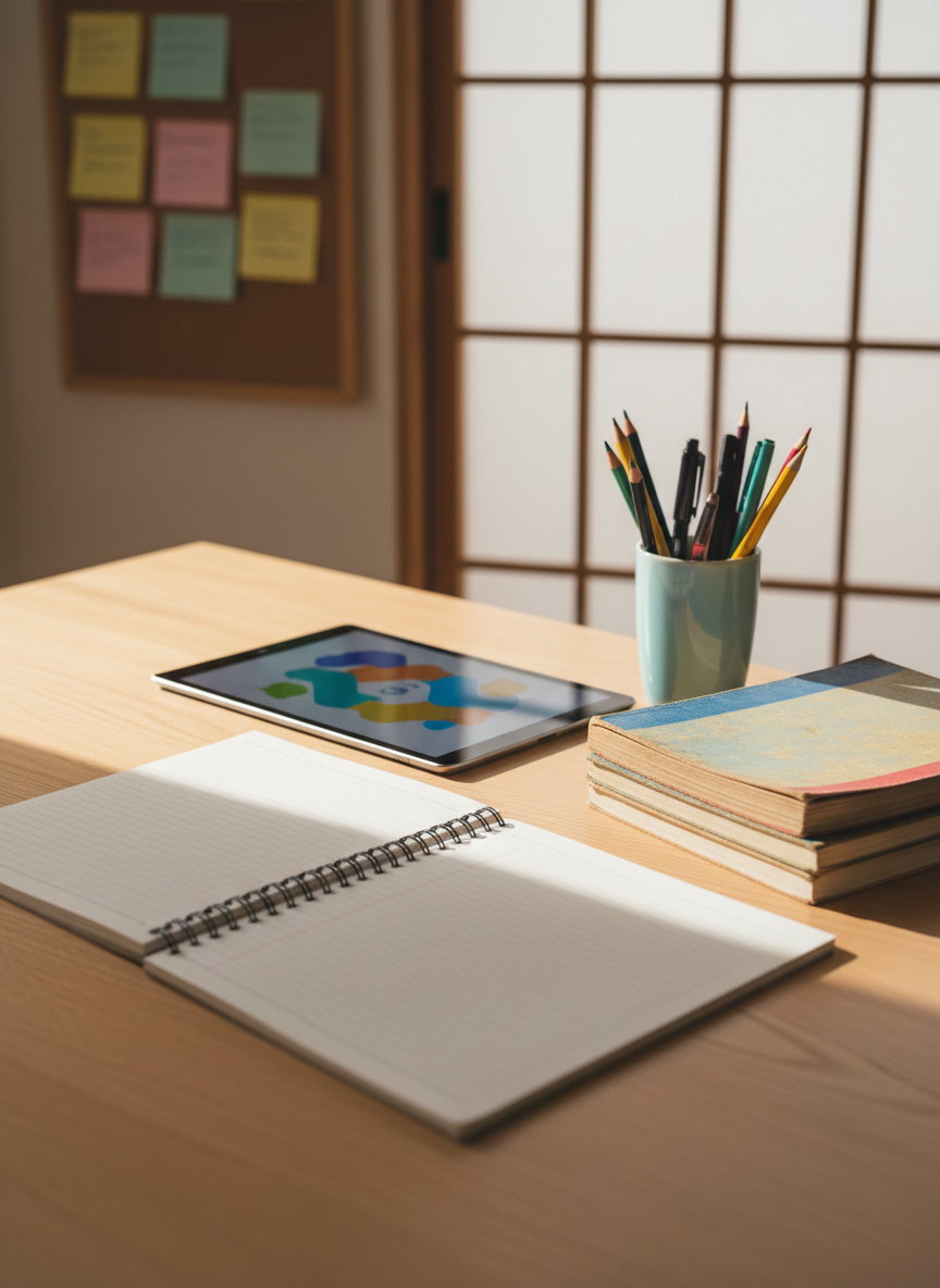 A tidy study table set up for an English club session, captured in photographic realism. On a smooth light-wood desk rest open notebooks with blank ruled pages, a tablet displaying a colorful, abstract learning interface, and a small stack of well-used English workbooks with worn, textured covers. Beside them, a ceramic cup holds sharpened pencils and pens in varied colors. In the background, slightly out of focus, are sliding windows with frosted glass typical of Japanese homes in Munakata, and a soft pinboard with pastel-colored sticky notes that avoid any readable text. Warm afternoon light from the window creates gentle shadows and a calm, focused atmosphere. Shot from a slightly elevated angle with a shallow depth of field to draw attention to the tools of learning.