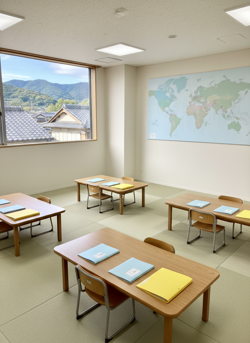 A serene, panoramic view of a small English classroom in Munakata City, designed for elementary and junior-high learners, rendered in photographic realism. Low rectangular tables are evenly spaced on a light tatami-like floor, each with simple plastic folders and plain notebooks neatly aligned. The back wall features a large world map in soft, pastel colors with no readable labels, symbolizing international communication. A narrow window reveals distant, tree-covered hills and typical Japanese rooftops. Natural afternoon light floods the room, supported by subtle ceiling fixtures, creating a bright yet gentle ambiance. Captured from a wide-angle corner perspective with sharp focus, the composition emphasizes openness, cleanliness, and a calm, studious environment perfect for focused English study.