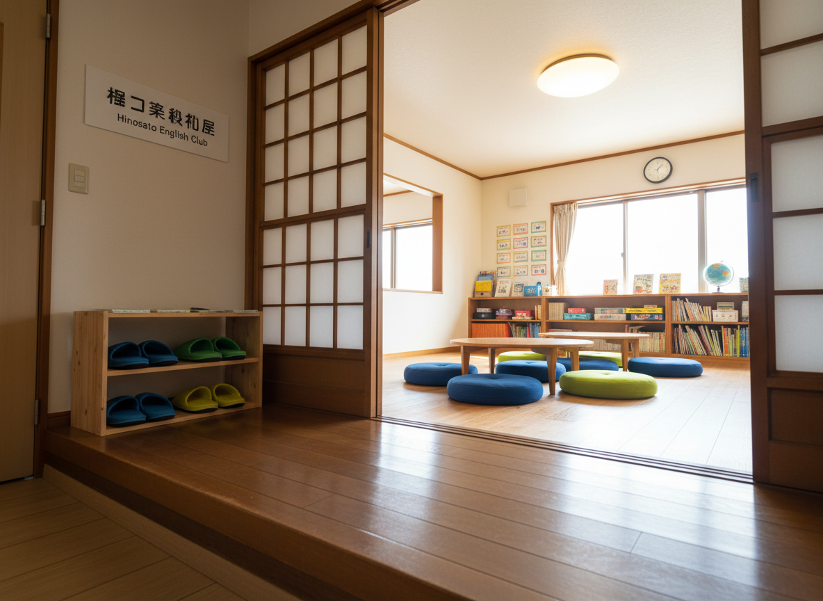An inviting entrance scene for Hinosato English Club in Munakata City, depicted in realistic photography. A simple wooden shoe rack sits beside a clean genkan step, with neatly placed indoor slippers suggesting readiness for students without showing people. Beyond the threshold, a glimpse of a bright classroom reveals low tables, floor cushions in coordinated blues and greens, and shelves with organized teaching materials and games. Soft ceiling lights combine with diffused daylight from a distant window, creating a balanced, professional glow. The composition is framed from a low, welcoming angle, leading the eye from the entrance into the learning space, evoking community, respect, and the familiar warmth of a Japanese home-based classroom.
