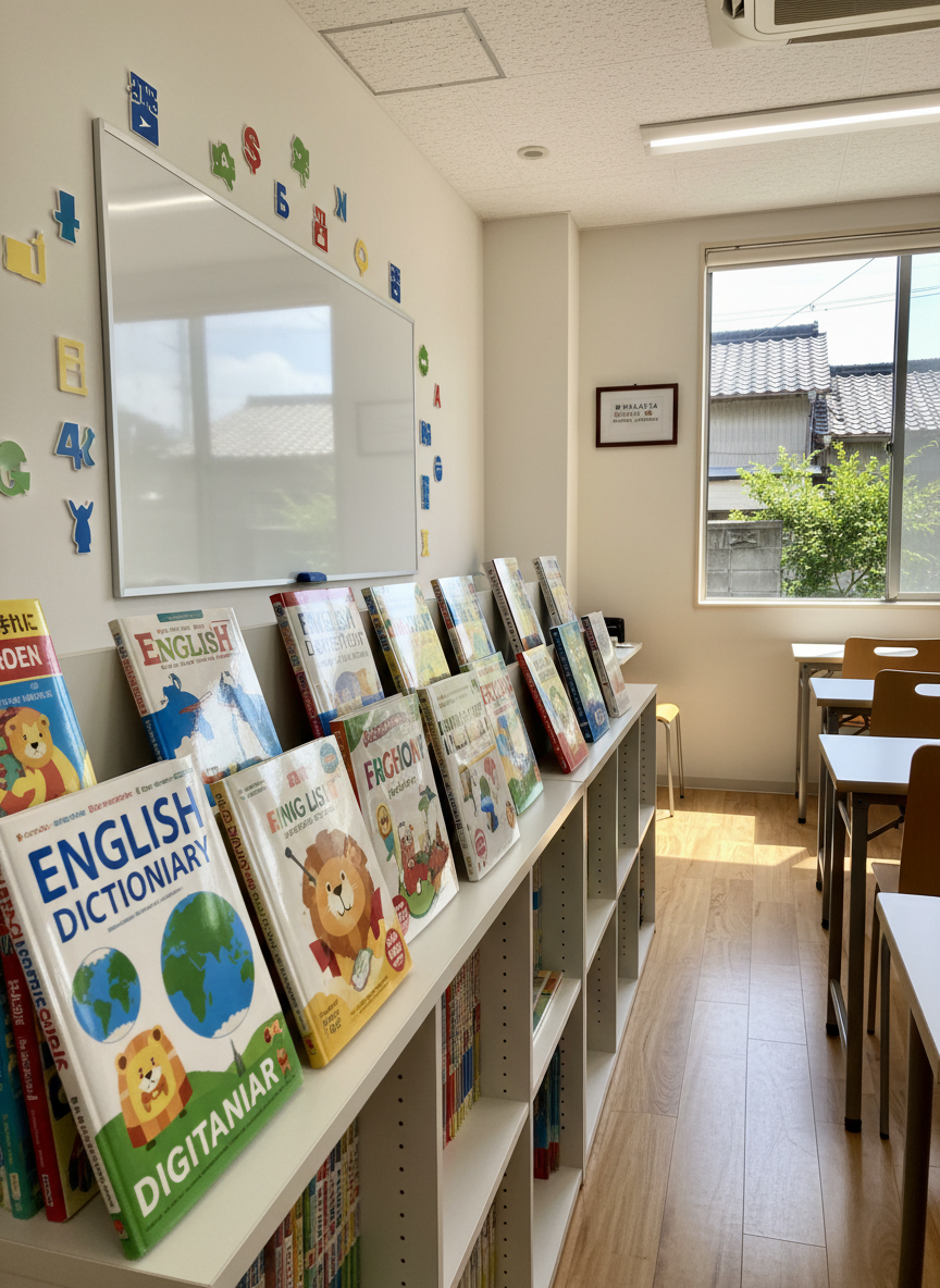 A bright, modern English classroom interior in Munakata City, photographed in realistic detail. Low bookshelves overflow with colorful, neatly arranged English textbooks and picture dictionaries, their glossy covers catching the light. A large whiteboard dominates the front wall, surrounded by small, abstract icons and color blocks that hint at both Japanese and English without using readable text. Sunlight pours through a wide window, revealing a glimpse of a quiet Japanese residential street and greenery outside. The mood is professional yet welcoming, suggesting structured learning and community. Shot at eye level with sharp focus throughout, the composition uses the rule of thirds to balance the board, shelves, and window, creating a clean, educational atmosphere.