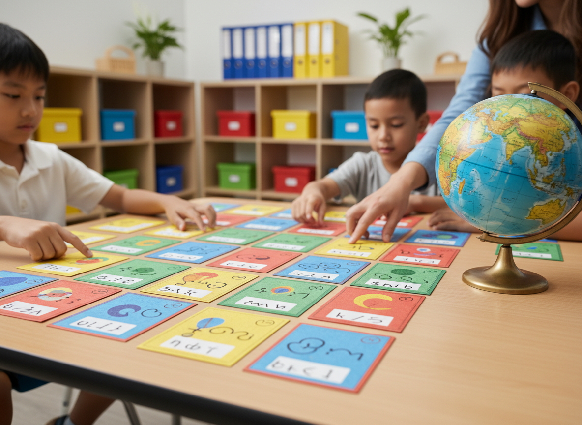 A close-up, photographic view of a collaborative English activity setup on a low classroom table. Colorful, sturdy flashcards with abstract shapes and non-readable marks are spread in an organized pattern, hinting at vocabulary games without using actual text. Nearby, a small, well-worn globe with clear continents and oceans rests on the smooth tabletop, its surface slightly reflective. In the softly blurred background, shelves with organized boxes and binders suggest structured lesson planning. Bright yet diffused overhead lighting creates crisp, clean highlights and mild shadows, giving the scene an energetic but orderly mood. Shot from table level with a shallow depth of field, the composition focuses on hands-on learning tools and interactive engagement, suitable for a professional educational website.